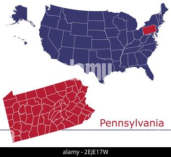 Pennsylvania counties vector map outline with USA map colors national flag Stock Vector