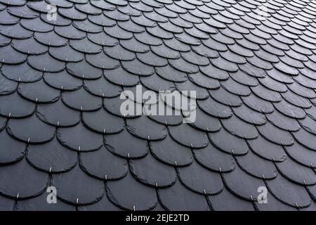Details of a traditional slate roof showcasing overlapping tiles in a neat pattern, Puy de Dome department, Auvergne-Rhone-Alpes, France Stock Photo