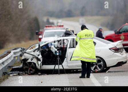 Emergency crews work the scene of a fatal crash involving a charter bus and car on the AA highway in Campbell County, Ky., Jan. 25, 2020. Campbell County police say a charter bus filled with Covington Catholic students was coming from the March for Life in Washington, D.C., when the bus driver hit a vehicle. The driver of the vehicle died. Car Accident 35 (Photo by Albert Cesare/The Enquirer, Cincinnati Enquirer via Imagn Content Services, LLC/USA Today Network/Sipa USA)