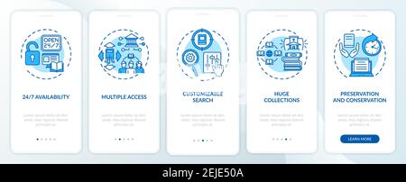 Online library benefits onboarding mobile app page screen with concepts Stock Vector