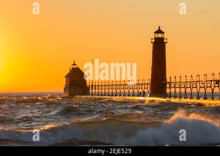 Lighthouse on the jetty at dusk, Grand Haven South Pierhead Inner Lighthouse, Lake Michigan, Grand Haven, Ottawa County, Michigan, USA Stock Photo