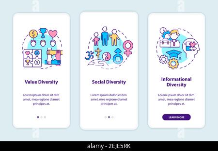 Top management diversity types onboarding mobile app page screen with concepts Stock Vector