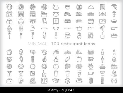 Set of 100 restaurant icons of food, cooking, prep, ordering and eating breakfast, lunch or dinner Stock Vector