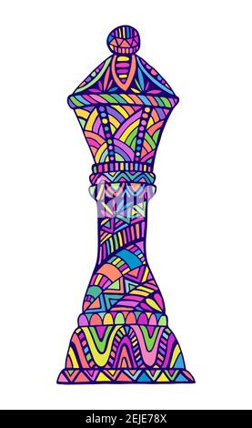 Vivid Queen Chess Piece with many decorative abstract bright patterns doodle style, isolated on white. Stock Vector