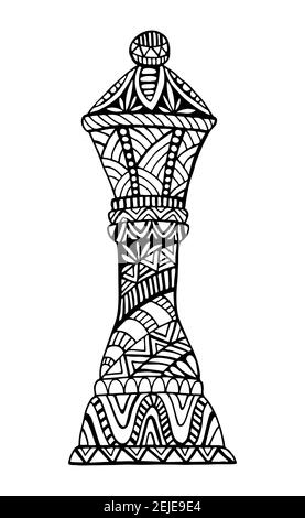 Queen chess piece with many decorative patterns doodle style Coloring page for adults and kids, black ink outline, isolated on white Stock Vector