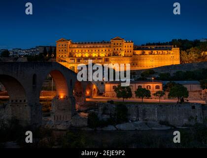 Manresa during the blue hour at night. Cave of Sant Ignasi with night lighting (Barcelona, Catalonia, Spain) Stock Photo