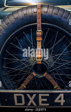 A spare tire on the back of an classic car, detailled view. Stock Photo