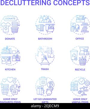Decluttering blue gradient concept icons set Stock Vector