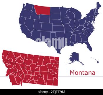 Montana counties vector map outline with USA map colors national flag Stock Vector