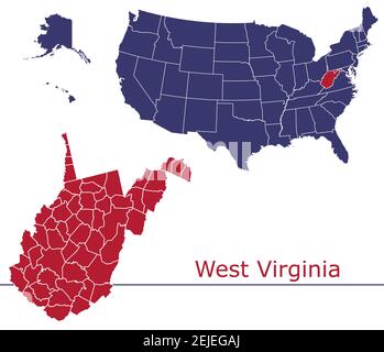 West Virginia counties vector map outline with USA map colors national flag Stock Vector