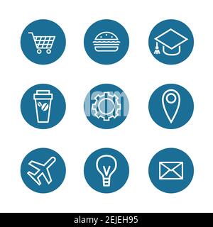 A set of round icons on the topic of ordering products and food, buying air tickets, getting education. Vector isolated illustration. Stock Vector