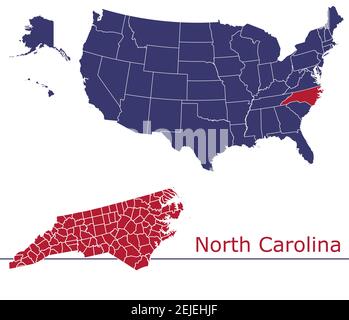 North Carolina counties vector map outline with USA map colors national flag Stock Vector