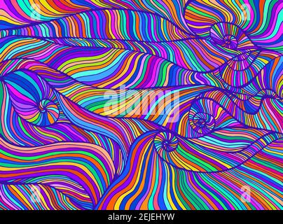 Rainbow hippie trippy psychedelic style colorful waves. Fantastic art with decorative texture. Stock Vector