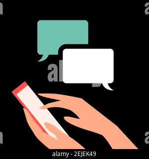 Smartphone in female hands and communication in the messenger. Vector flat illustration on a black background. Stock Vector