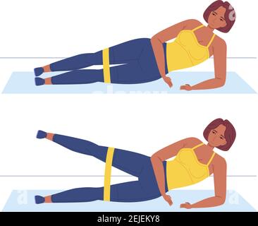 Black African girl practicing lift legs side lying on mat. home sport, healthy lifestyle, home leisure, self training, weight loss concept Stock Vector