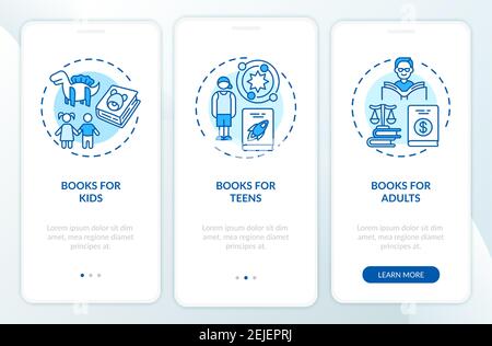 Online library categories onboarding mobile app page screen with concepts Stock Vector