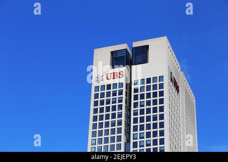 Logo of UBS at the Opernturm in Frankfurt, Germany  UBS Group AG is a major Swiss bank headquartered in Zurich. A branch is located in Frankfurt (Febr Stock Photo