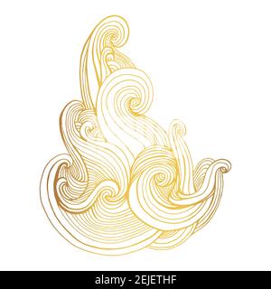 Curly waves abstract element, golden gradient color outline, isolated on white. Stock Vector