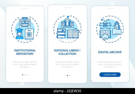 Types of digital libraries onboarding mobile app page screen with concepts Stock Vector