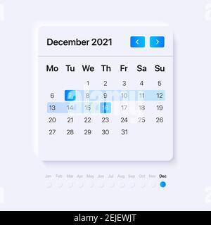Calendar UI Template. Blue Gradient pickers. Neumorphism Widget concept. Vector illustration Stock Vector