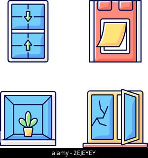 Installing windows and doors RGB color icons set Stock Vector