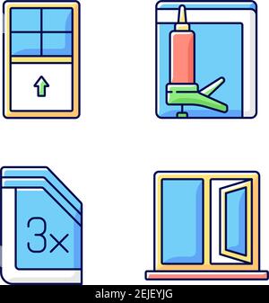 Residential window and door installation RGB color icons set Stock Vector