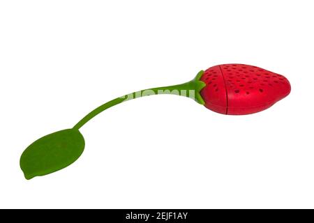 Silicone tea infuser in the form of strawberries isolate on a white background, top view. Stock Photo