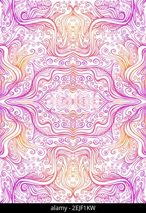 Abstract psychedelic fractal pattern, pink orange gradient color outline, isolated on white. Stock Vector