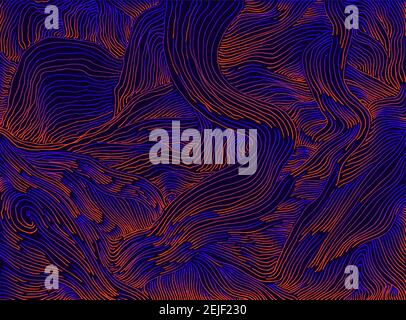 Vintage colorful abstract forms sea corals organic texture, neon color gradient orange blue outline, isolated on dark. Stock Vector