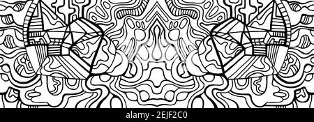 Fantastic cyberpunk psychedelic abstract coloring page. Vector surreal monochrome fantasy illustration. Stock Vector