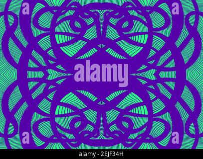 Curly doodle psychedelic abstract background with decorative mandala purple outline color, isolated on turquoise Stock Vector