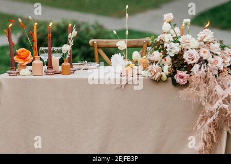 Boho style, wedding table decor, beautiful festive, table set up for marriage party Stock Photo