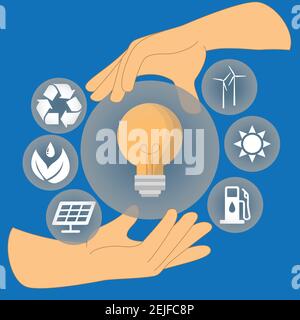 Hands holding a light bulb with different energy sources Stock Vector