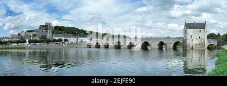 Bridge over river against cloudy sky, Cher, Montrichard, Loir-et-Cher, Centre-Val De Loire, France Stock Photo