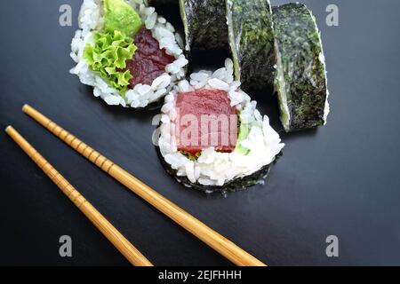 Delicious sushi set appetizingly served Stock Photo