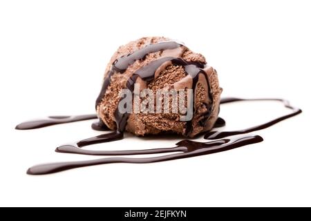 chocolate ice cream scoop with chocolate sauce isolated on white background Stock Photo