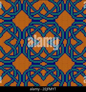 Geometrical ornate seamless knitted vector pattern as a fabric texture in turquoise, orange and blue colors Stock Vector