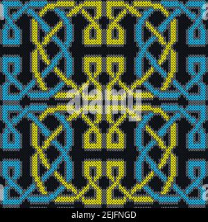 Seamless knitted ornate vector pattern in blue, yellow and grey colors as a fabric texture Stock Vector