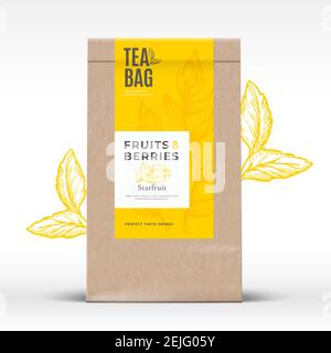 Craft Paper Bag with Fruit and Berries Tea Label. Abstract Vector Packaging Design Layout with Realistic Shadows. Modern Typography, Hand Drawn Stock Vector