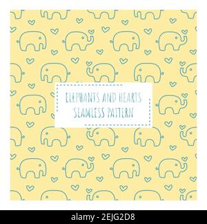 Elephant kids or baby colorful seamless pattern. Cute blue elephants on yellow background pattern print for fabric or paper. Stock Vector