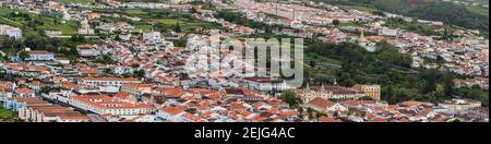 High angle view of city on island, Angra Do Heroismo, Terceira Island, Azores, Portugal Stock Photo