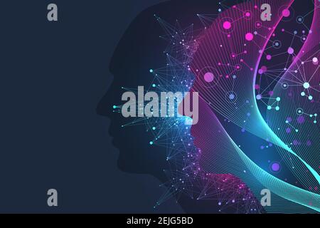 Artificial Intelligence and Machine Learning illustration Concept. Human head outline with brain, illustration Stock Photo