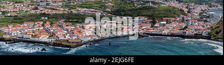 High angle view of cityscape on coast, Horta, Faial Island, Azores, Portugal