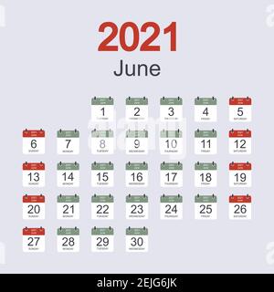 Monthly calendar template for June 2021 with daily date. Week starts on ionSunday. Flat style. Vector illustration Stock Vector