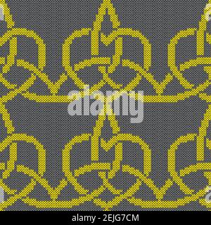 Geometrical ornate seamless knitted vector pattern as a fabric texture in yellow and grey colors Stock Vector