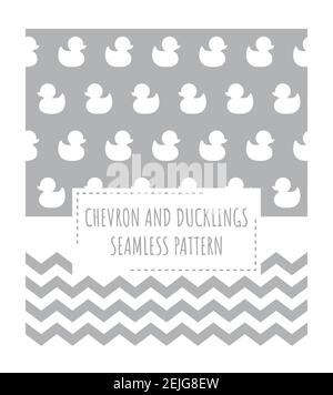 Chevron and baby ducks vector seamless patterns. Zigzag and duckling in white and grey pattern prints. Stock Vector