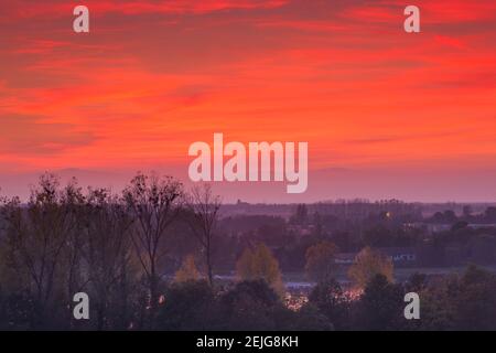 Elevated view of town towards the Rhein River at dusk, Breisach, Black Forest, Baden-Wurttemberg, Germany Stock Photo