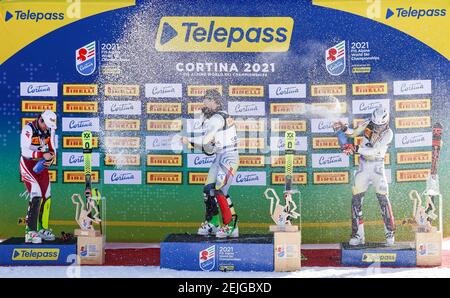 Cortina (BL, Italy. 21st Feb, 2021. Cortina (BL), Italy, Druscie, February 21, 2021, The podium cerimony during 2021 FIS Alpine World SKI Championships - Slalom - Men - alpine ski race Credit: Luca Tedeschi/LPS/ZUMA Wire/Alamy Live News Stock Photo