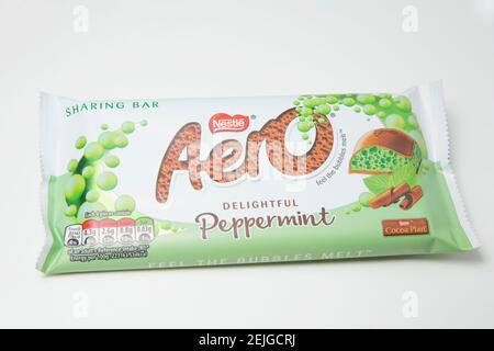 A Nestle Delightful Peppermint Aero Bar bought from a supermarket in the UK. White background. England UK GB Stock Photo