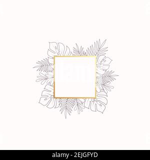 Monstera and Fern Tropical Leaves Blank Banner or Label Template. Abstract Foliage with Horizontal Square Golden Frame. Good for Wedding or Party Stock Vector